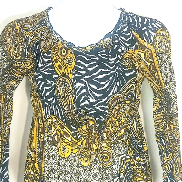Sharagano Zebra Print Gold Baroque Paisley Tunic Top Long Sleeve Small S Mobwife - Picture 2 of 3
